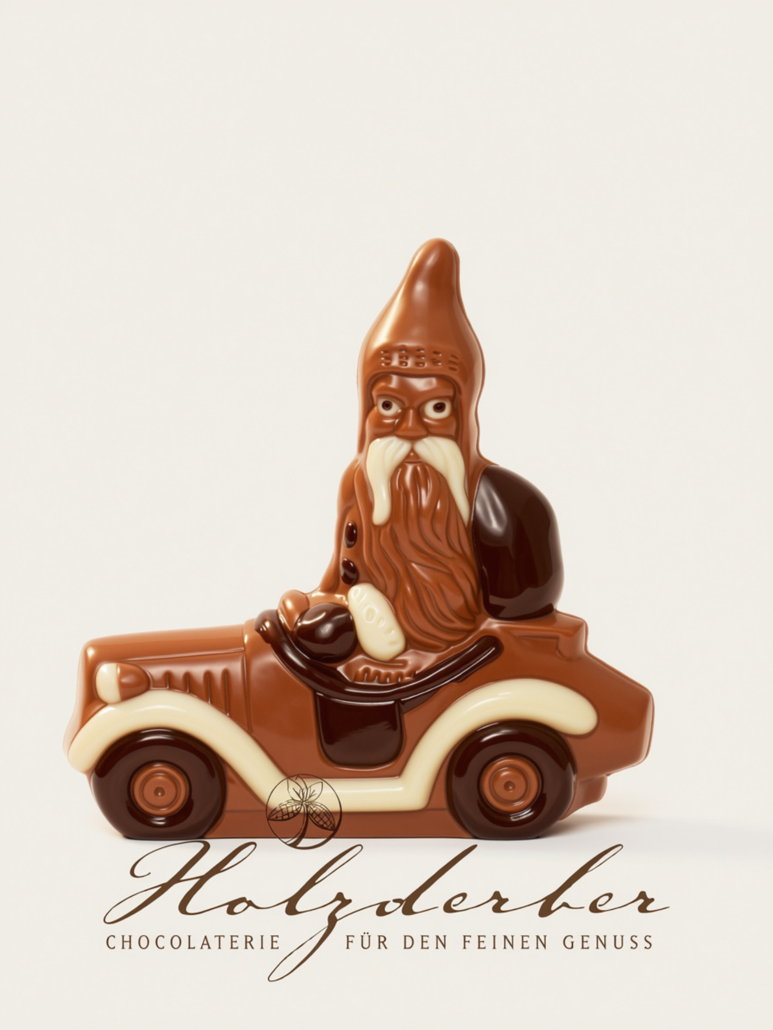 Weihnachtsmann im Auto Edelvollmilch Schokolade handbemalt 15 cm