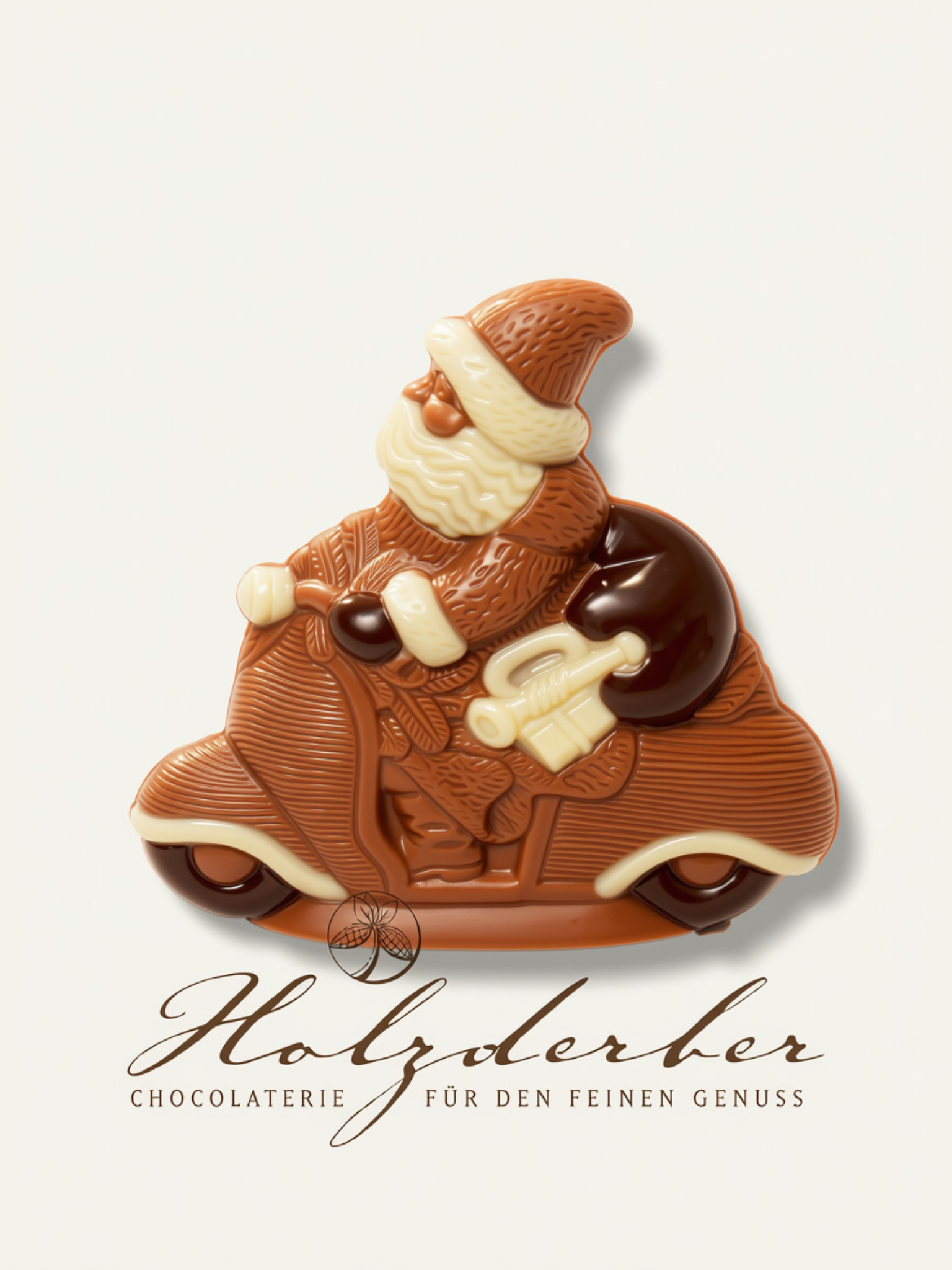 Weihnachtsmann auf Motorrad Edelvollmilch Schokolade handbemalt 11 cm